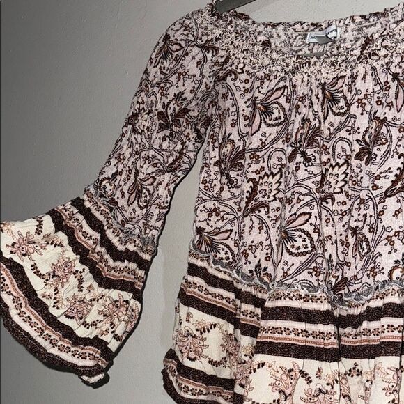 American Eagle Outfitters Brown and White Smocked Cropped Blouse - Picture 5 of 8